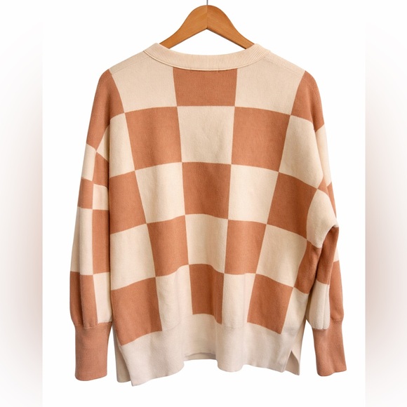 Checkered Academia Apricot Sweater M Preppy Batwing Side Slit - Picture 3 of 4